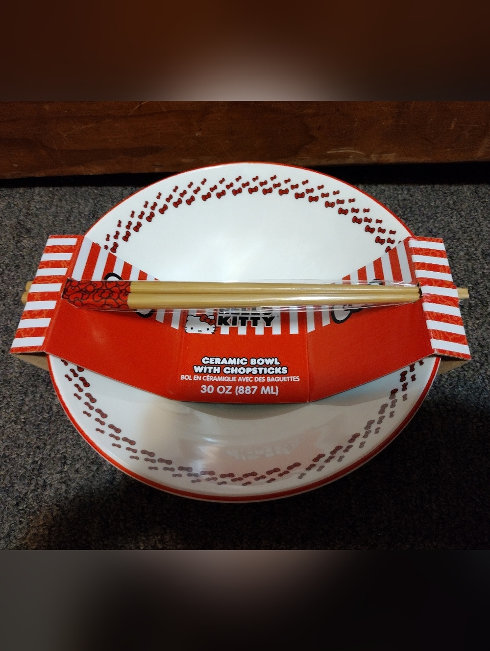 Hello Kitty White Ceramic Bowl with Red Accent and Bamboo Chopsticks Set